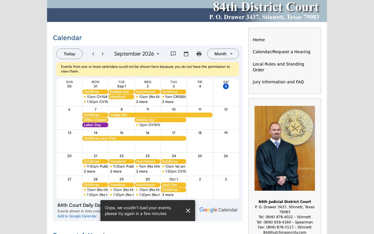 84th Court Daily Docket and hearing request page for Ochiltree County settings