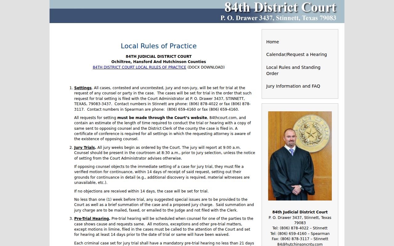 84th District Court local rules and standing order for Ochiltree County cases