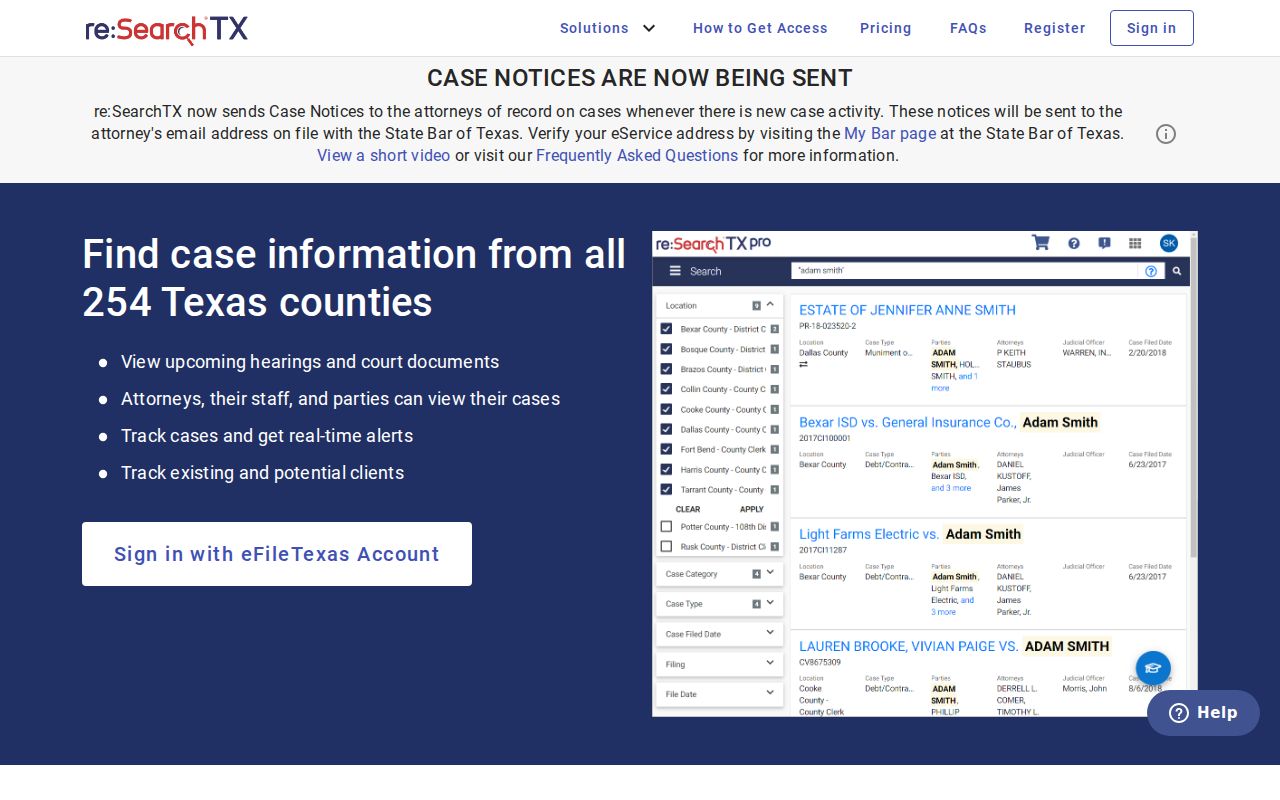 Ochiltree County case search sign-in and registration screen on re:SearchTX
