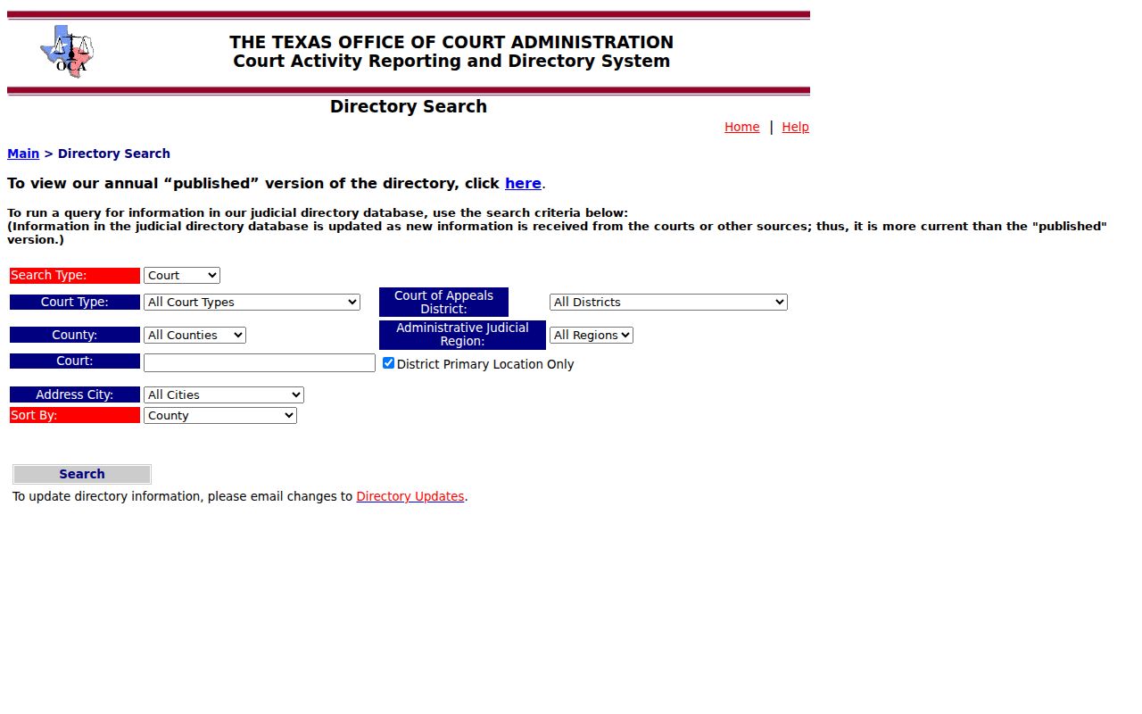 Texas CARD court and personnel search fields for locating Ochiltree County courts